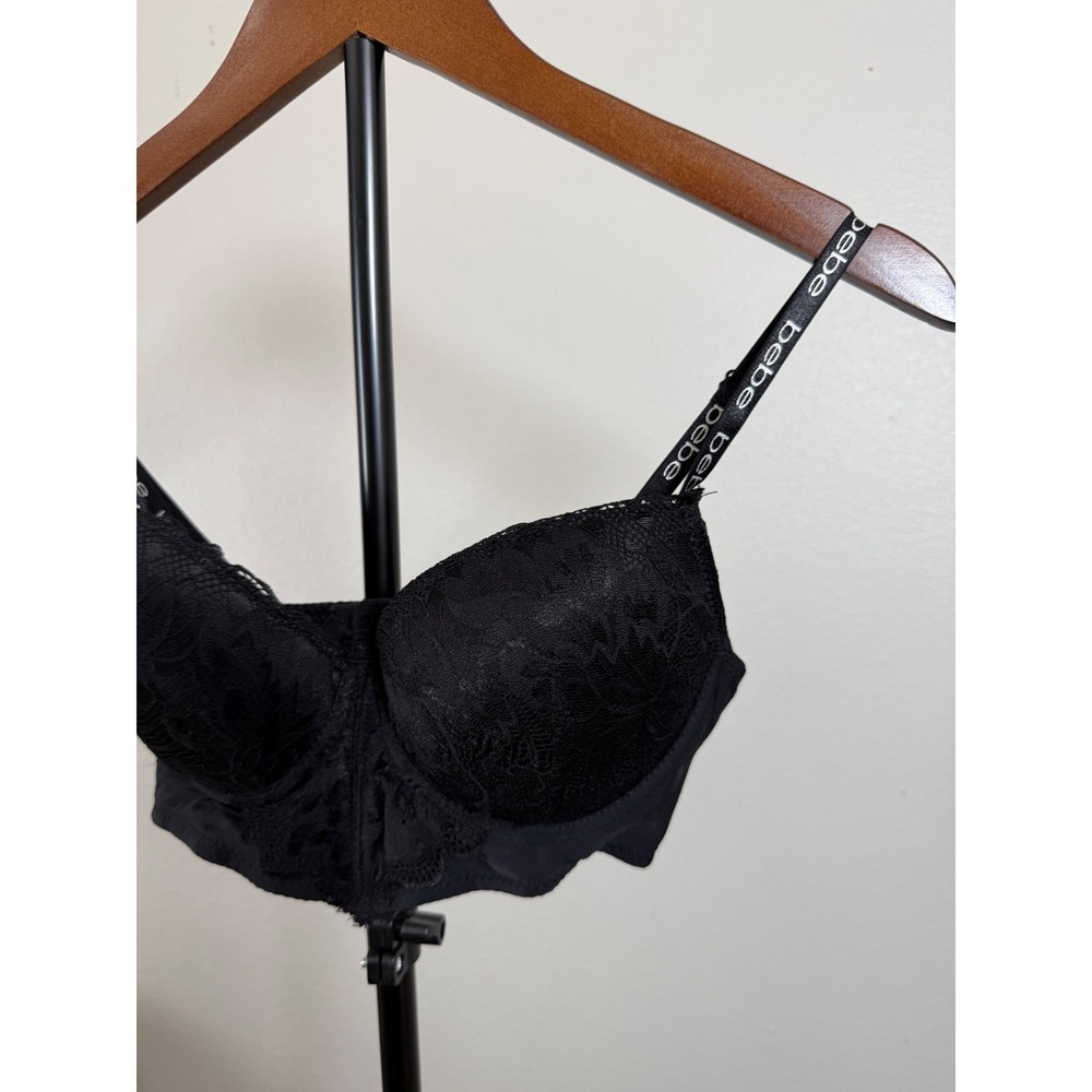 Bebe Black Lace Longline Bustier Bra Logo Straps 34C 2PKBRA3363